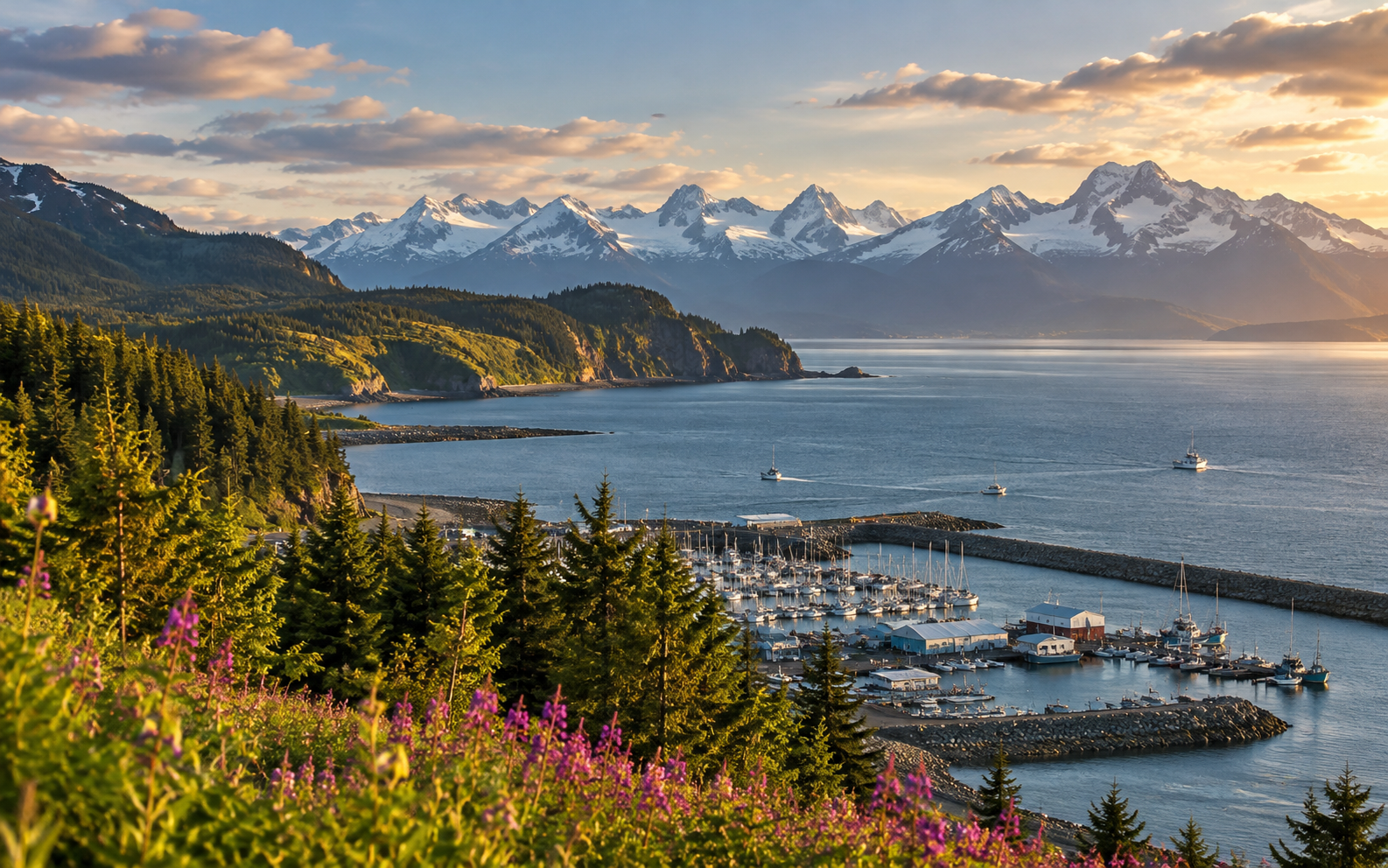 Homer Alaska harbor and Kachemak Bay with snow-capped mountains