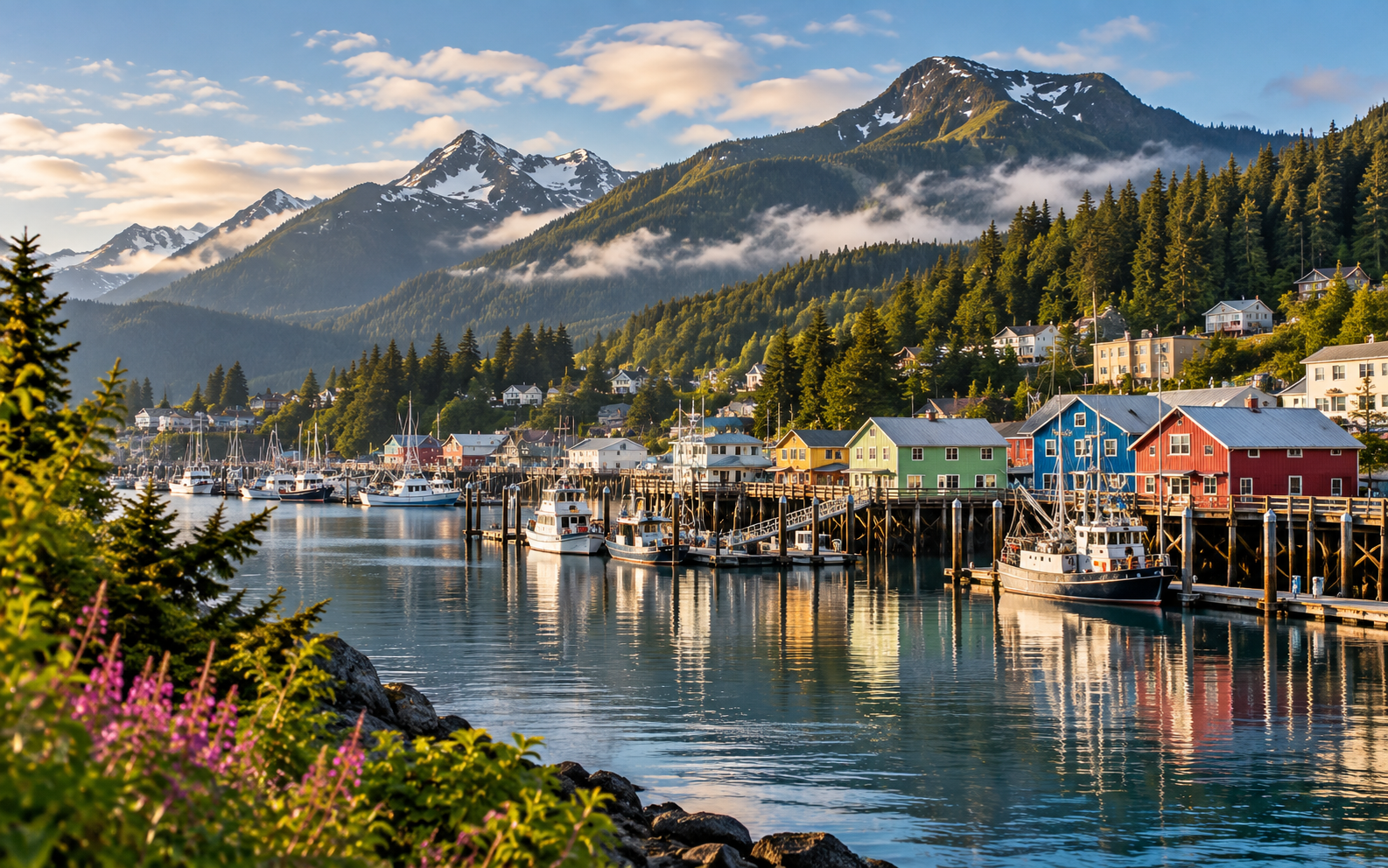 Ketchikan Alaska harbor with waterfront buildings and forested mountains