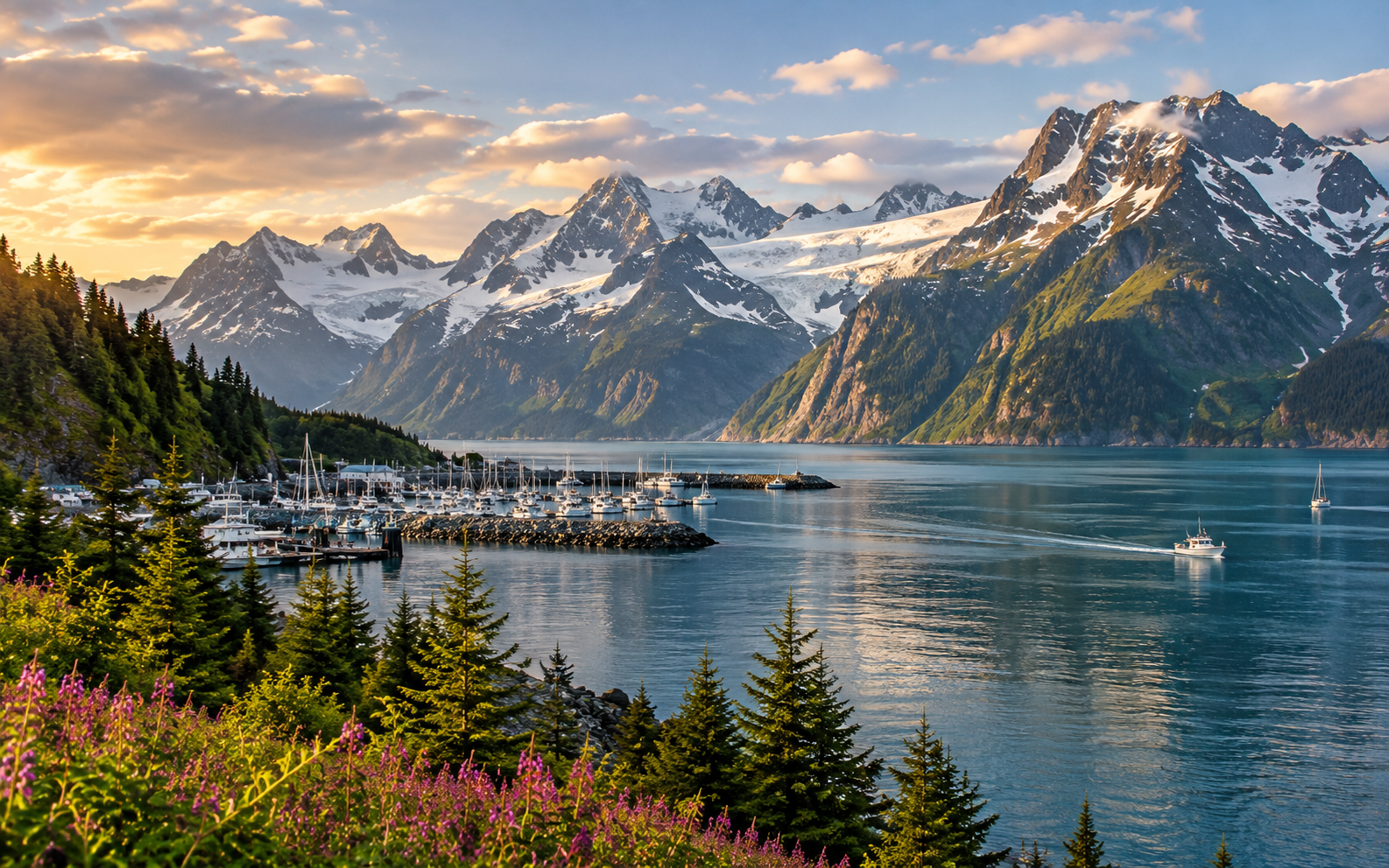 Resurrection Bay and snow-capped mountains near Seward, Alaska